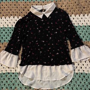 Elle Black Floral Blouse Collar White Undershirt Womans sz XS